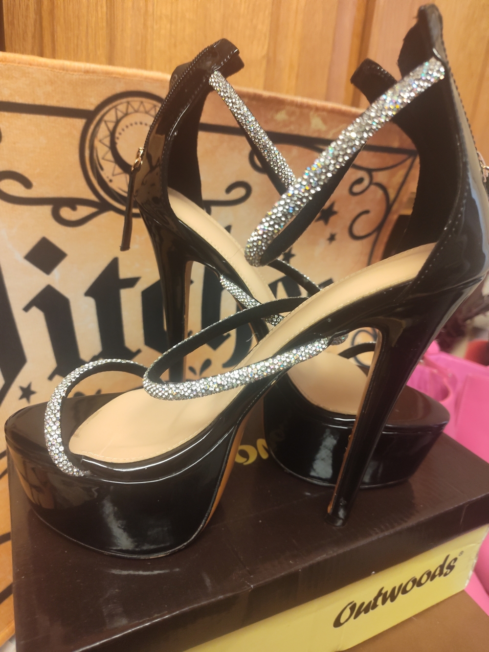 Women's Black Patent Rhinestone Platform Stiletto Sandals